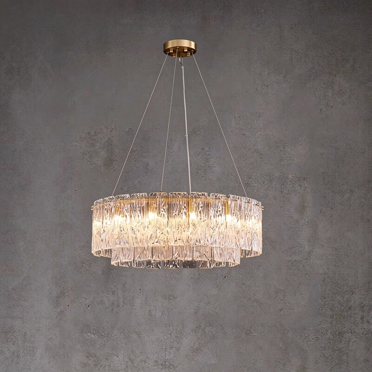 Illuminated Modern Crystal Irregular Disc Double-Tier Chandelier Studio Display on Black Background