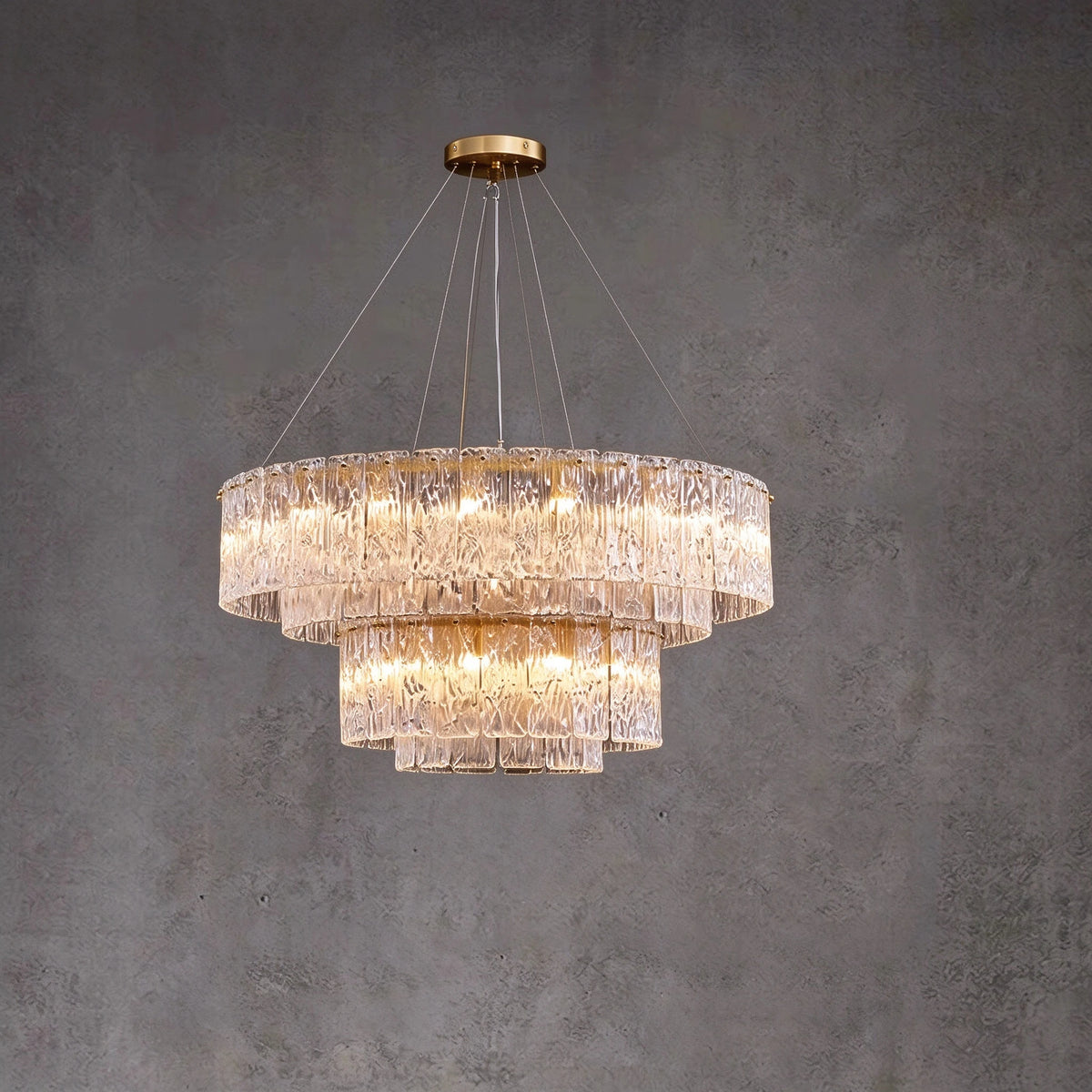 Illuminated Modern Brass Crystal Irregular Disc Medium Chandelier Studio Shot on Dark Background