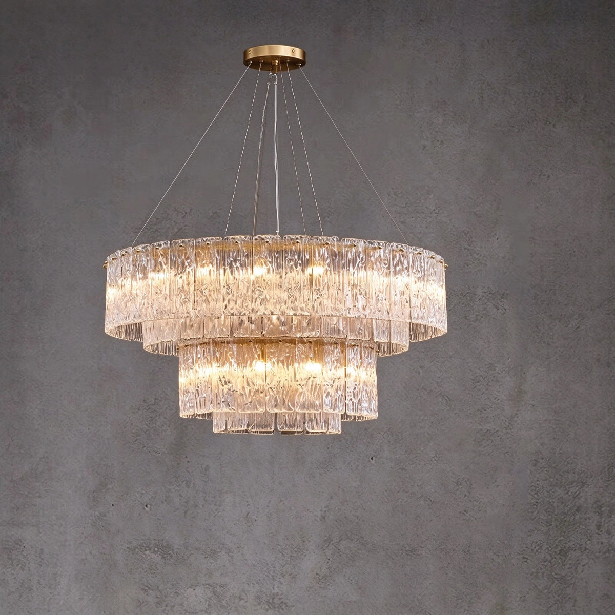 Illuminated Modern Crystal Irregular Disc Large Multi-Tier Chandelier Studio Display on Black Background