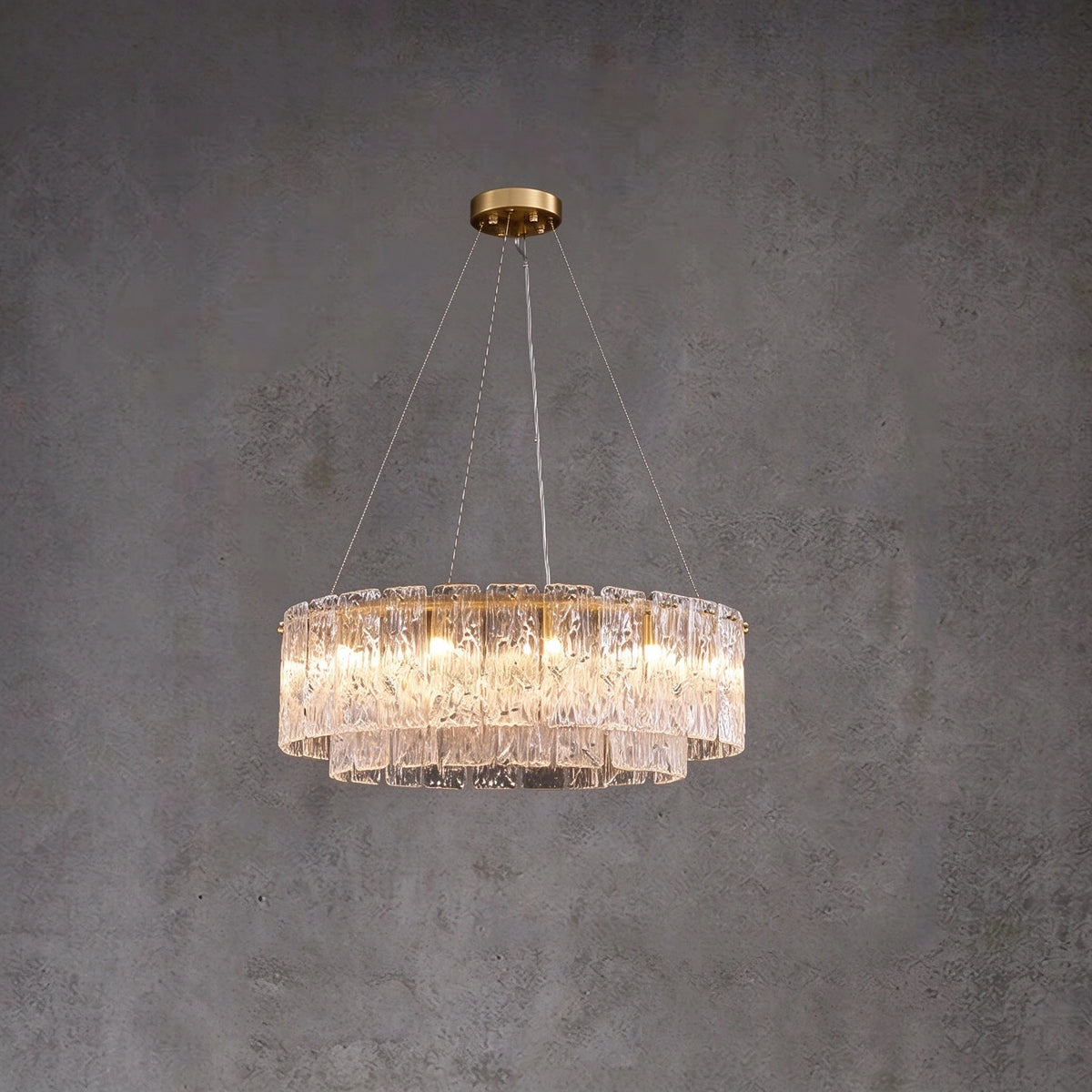 Illuminated Modern Brass Crystal Irregular Disc Single-Tier Chandelier Studio Shot on Dark Background