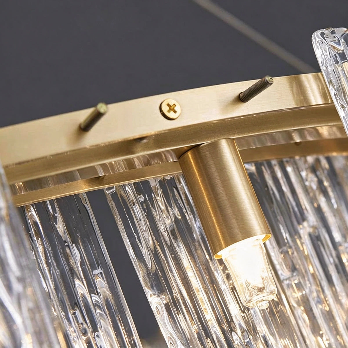Close Up View of Modern Brass Frame, Lamp Holder and Crystal Glass Connection Details