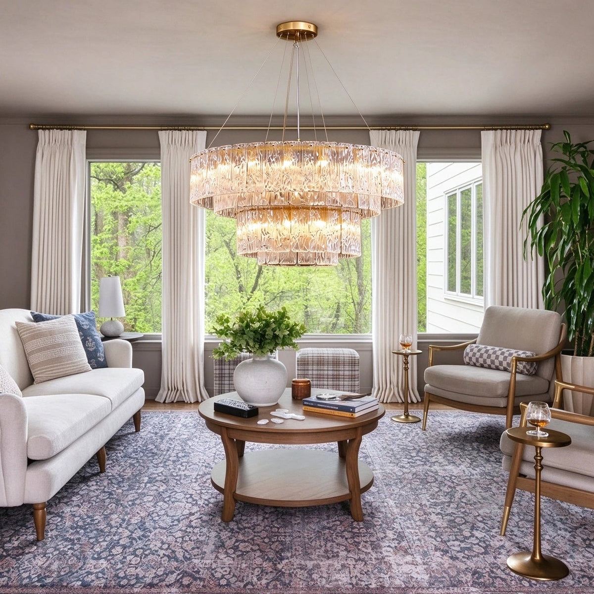 Modern Crystal Irregular Disc Art Glass Multi-Tier Chandelier in Bright Living Room