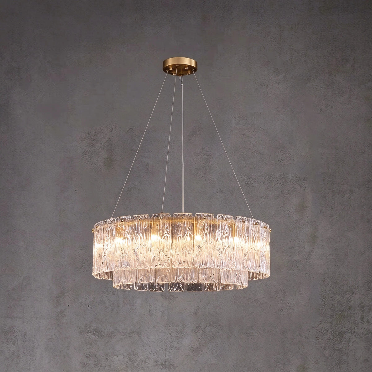 Illuminated Modern Brass Crystal Irregular Disc Multi-Tier Chandelier Studio Shot on Dark Background