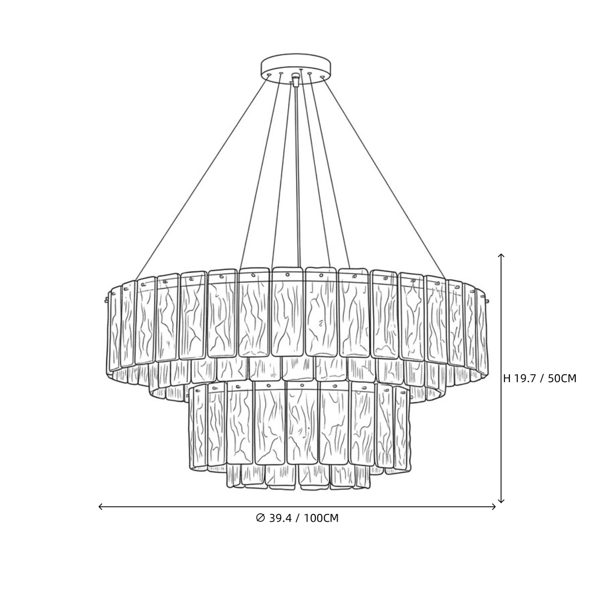Modern Crystal Irregular Disc Art Glass Multi-Tier Chandelier Line Art Dimension Diagram