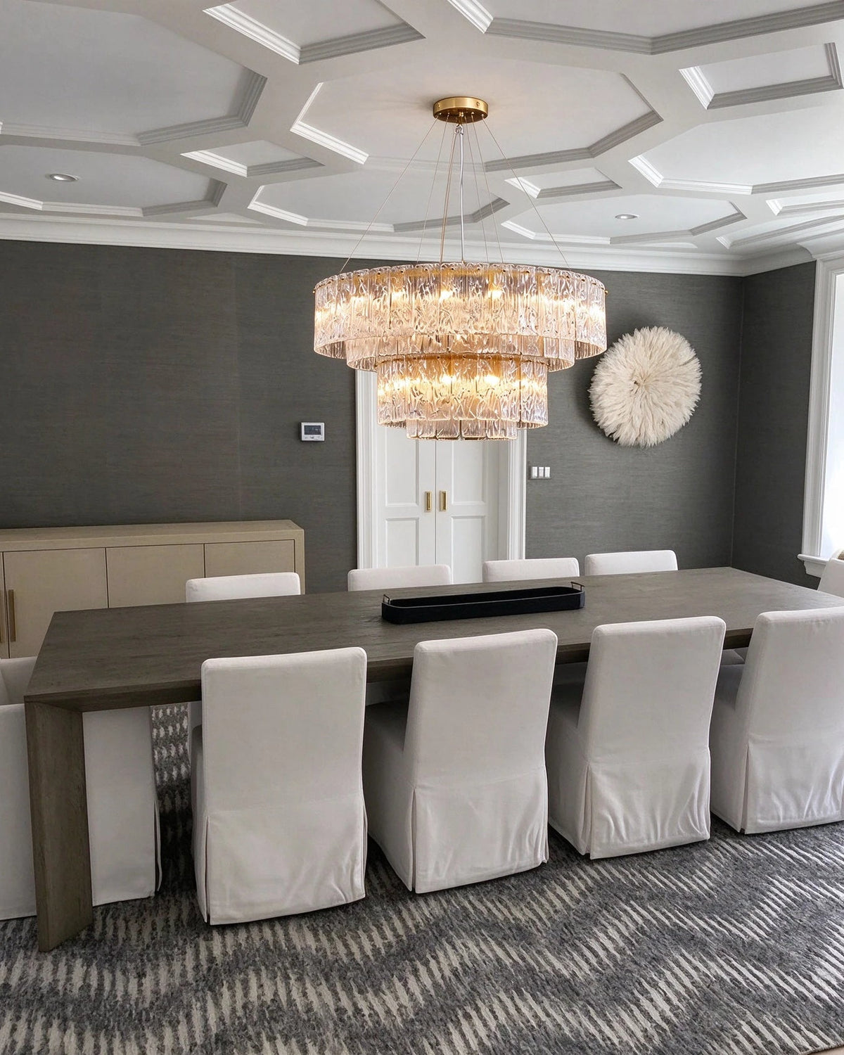 Modern Crystal Irregular Disc Art Glass Multi-Tier Chandelier in Luxury Dining Area