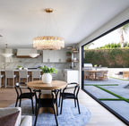 Modern Brass Crystal Multi-Tier Chandelier in Open Plan Kitchen Dining