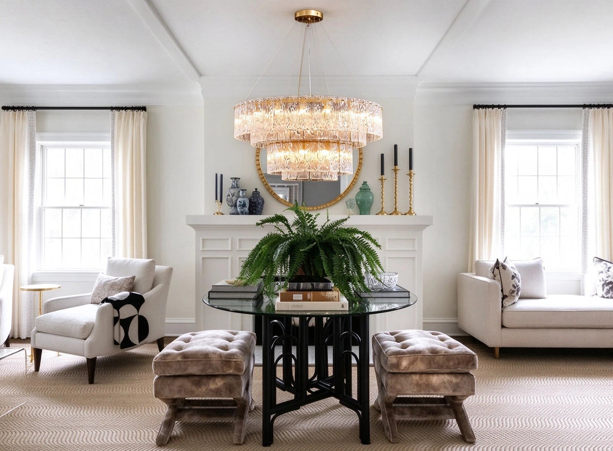 Modern Crystal Irregular Disc Art Glass Multi-Tier Chandelier in Classic Living Space