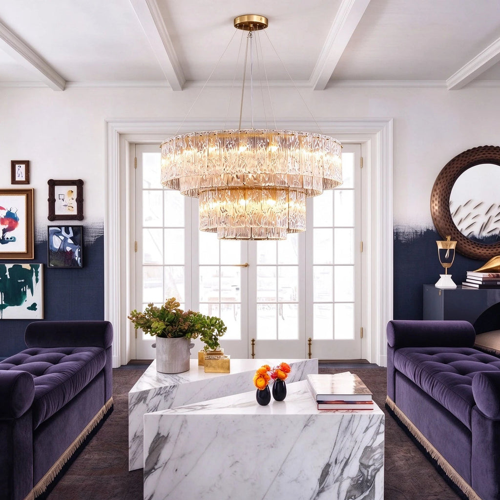 Modern Brass Crystal Multi-Tier Chandelier in Contemporary Living Room
