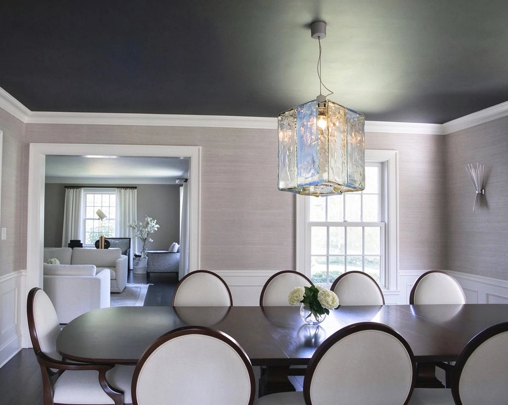 Modern Silver Crystal Block Pendant Light in Formal Dining Room