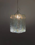 Illuminated Modern Crystal Block Art Glass Pendant Light Studio Display on Black Background