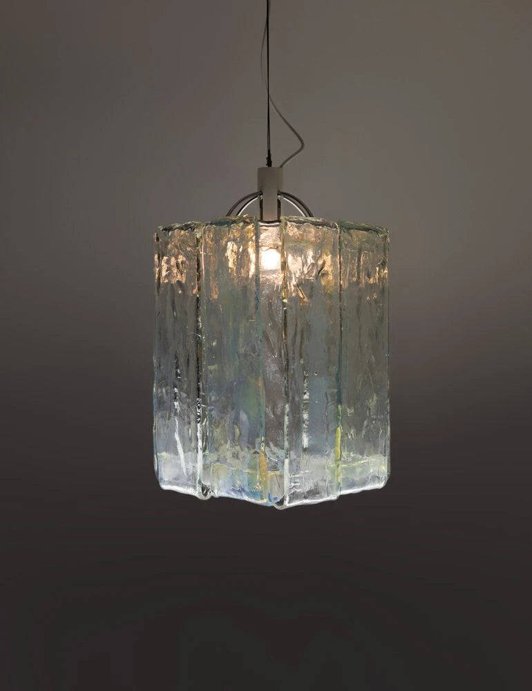 Illuminated Modern Crystal Block Art Glass Pendant Light Studio Shot on Dark Background