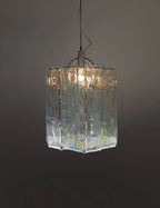 Illuminated Modern Crystal Block Art Glass Pendant Light Studio Shot on Dark Background