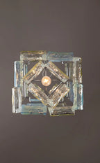 Upward View of Illuminated Modern Crystal Block Art Glass Pendant Light Studio Display