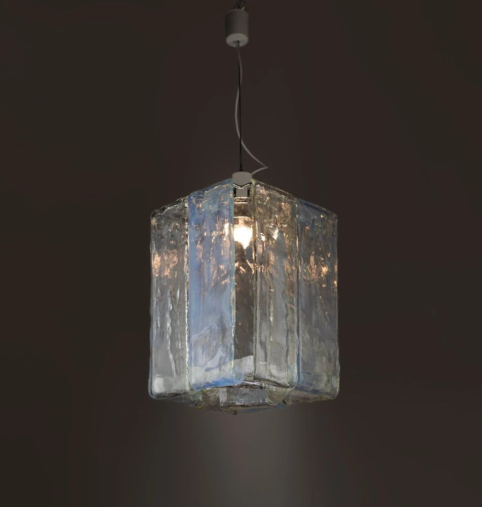 Illuminated Modern Silver Crystal Block Art Glass Pendant Light Studio Shot on Dark Background