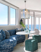 Modern Crystal Block Art Glass Pendant Light in Coastal Living Room Setting