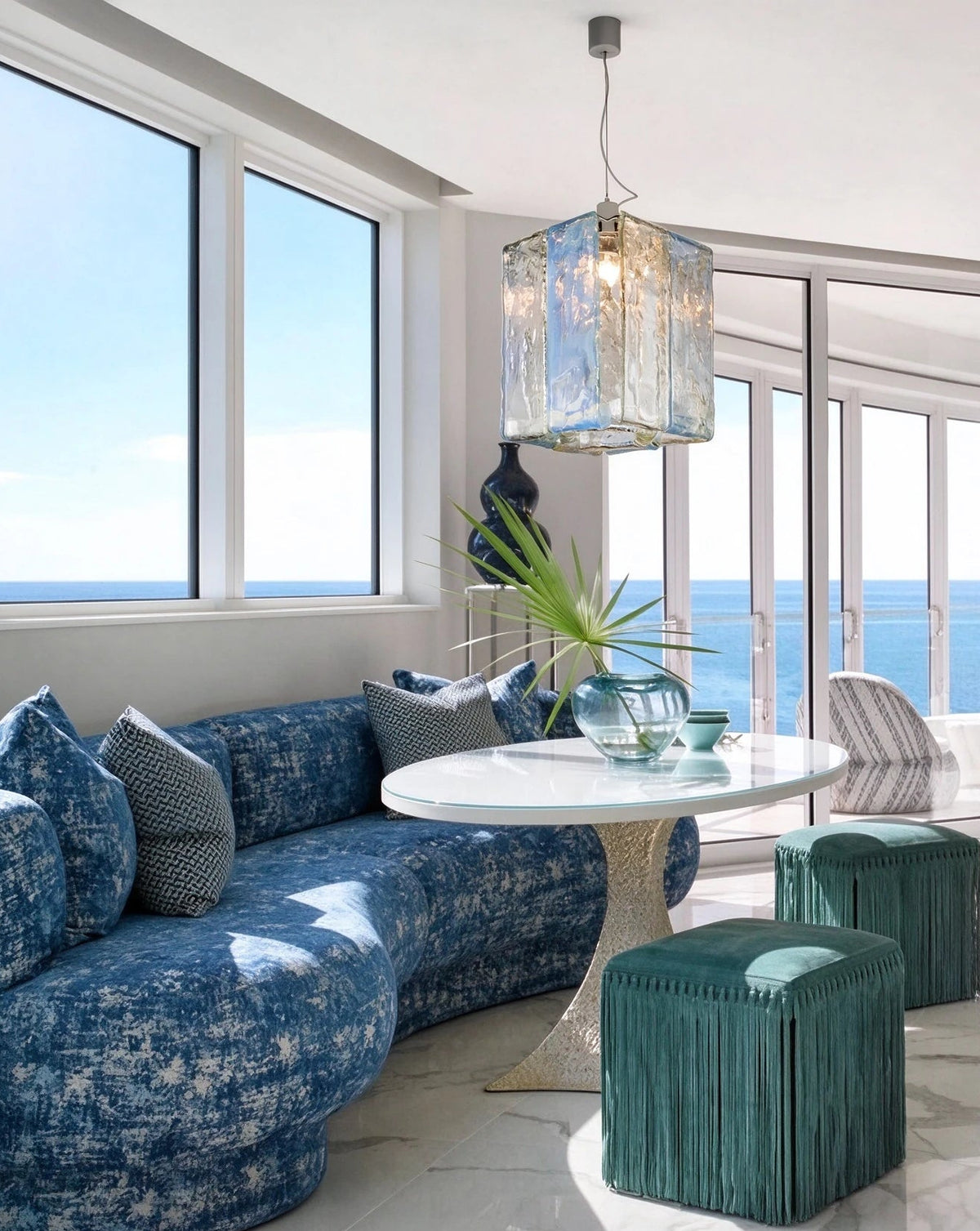 Modern Crystal Block Art Glass Pendant Light in Coastal Living Room Setting