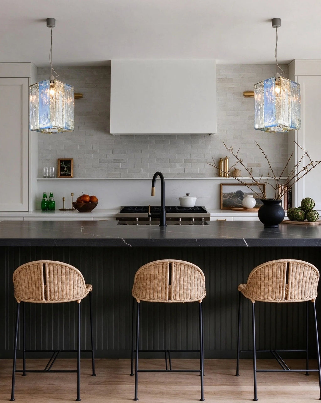 Modern Silver Crystal Block Pendant Light Over Kitchen Island