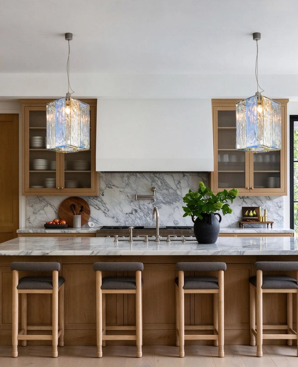 Modern Crystal Block Art Glass Pendant Light in Open Plan Kitchen