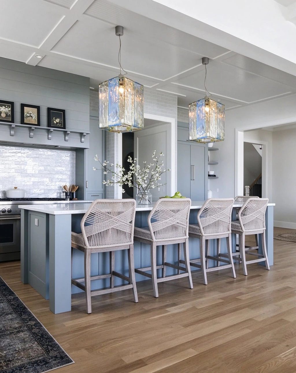 Modern Silver Crystal Block Pendant Light Over Breakfast Bar