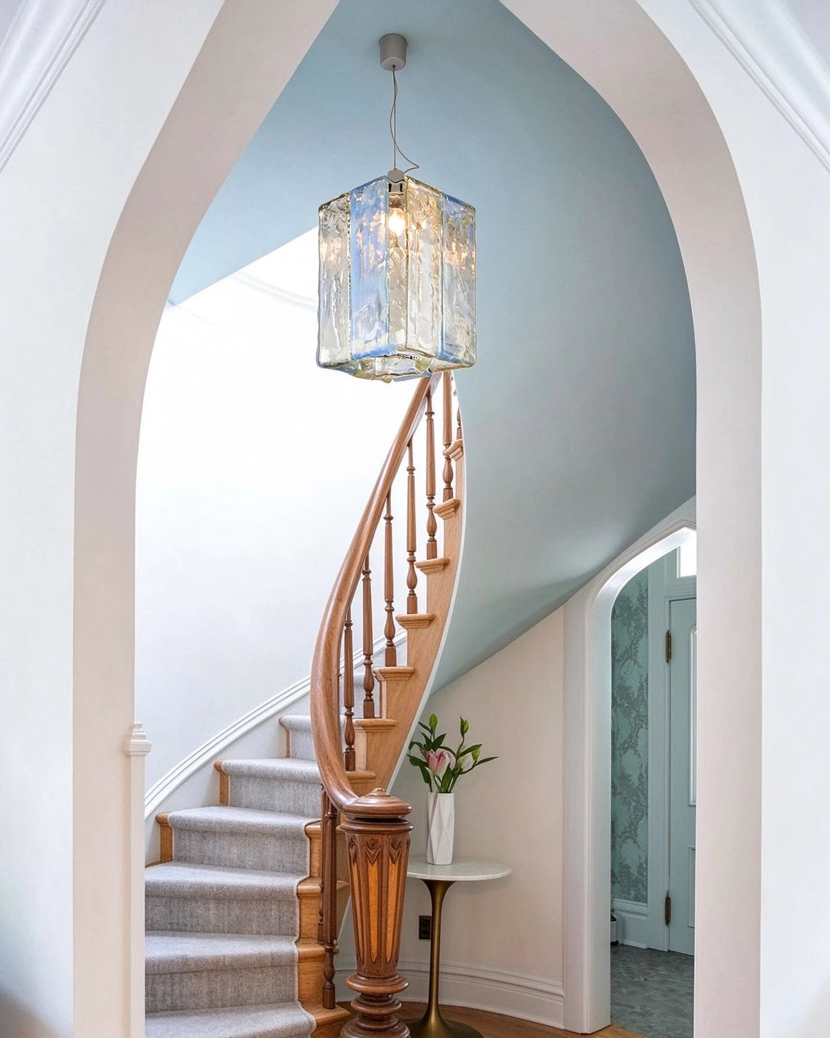 Modern Crystal Block Art Glass Pendant Light in Grand Staircase Foyer
