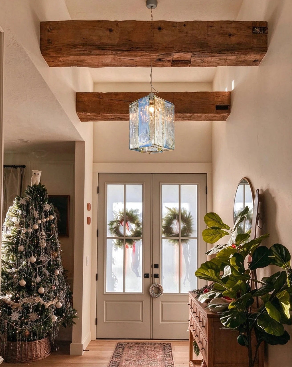 Modern Silver Crystal Block Pendant Light in Entrance Hallway