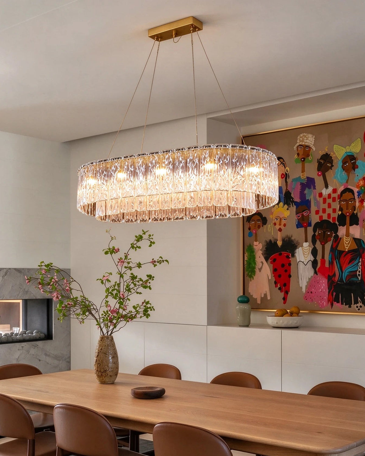Modern Brass Crystal Irregular Disc Linear Chandelier in Open Plan Dining Setting