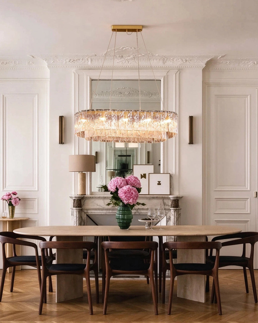 Modern Crystal Irregular Disc Art Glass Linear Chandelier in Grand Hallway Foyer