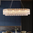 Modern Brass Crystal Irregular Disc Linear Chandelier in Luxury Dining Area