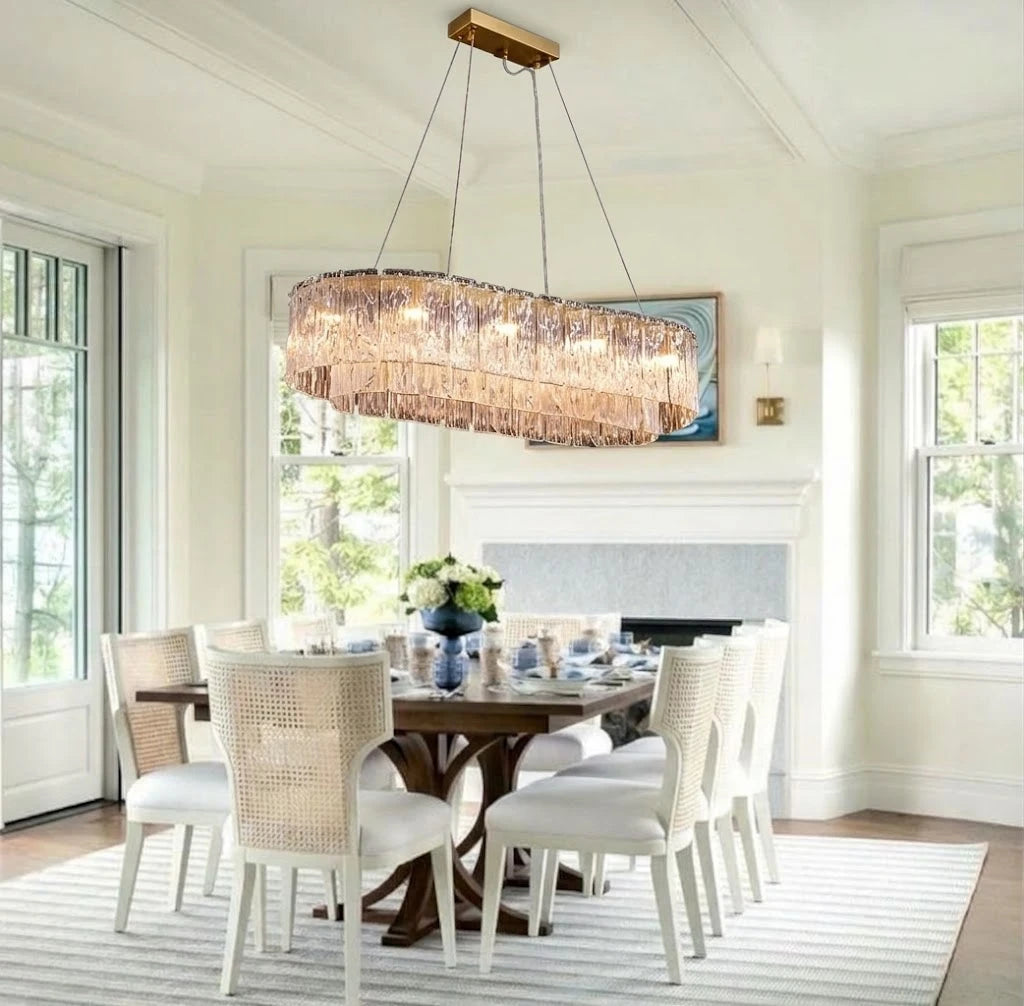 Modern Crystal Irregular Disc Art Glass Linear Chandelier in Contemporary Dining Area