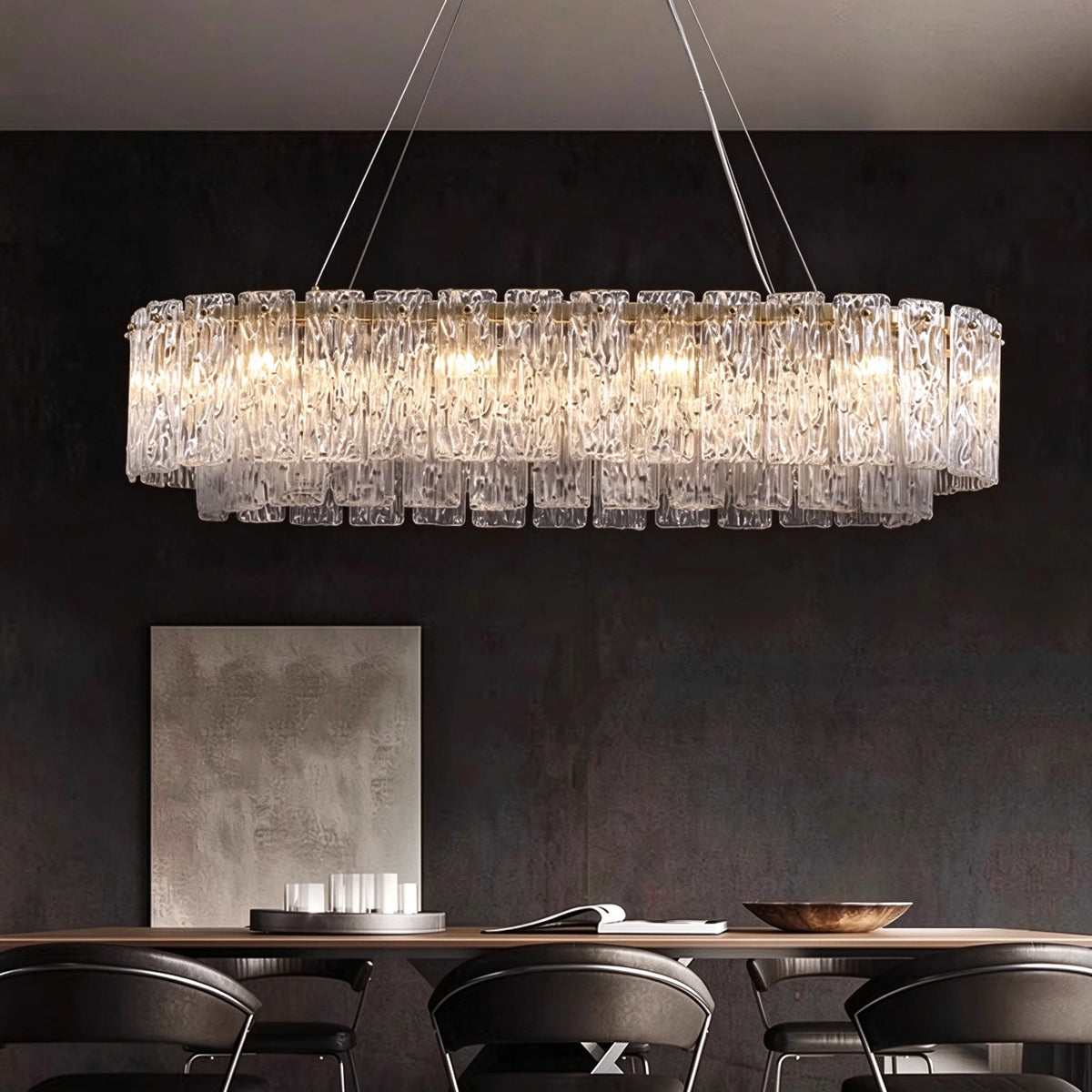 Illuminated Modern Brass Crystal Irregular Disc Linear Chandelier Studio Shot on Dark Background