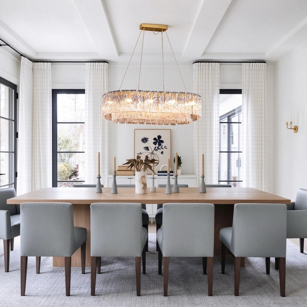 Modern Brass Crystal Irregular Disc Linear Chandelier in Formal Dining Room