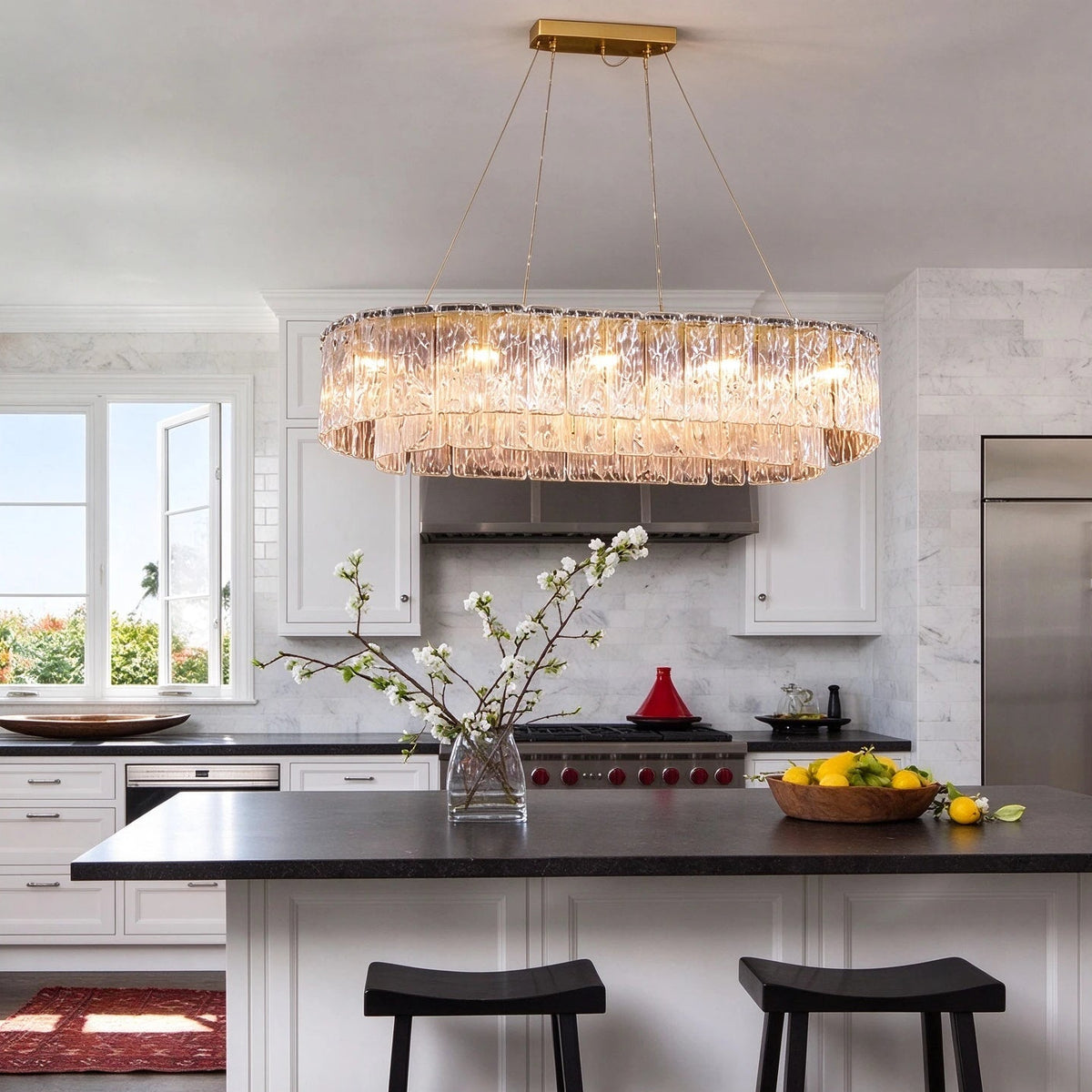 Modern Crystal Irregular Disc Art Glass Linear Chandelier Over Kitchen Island