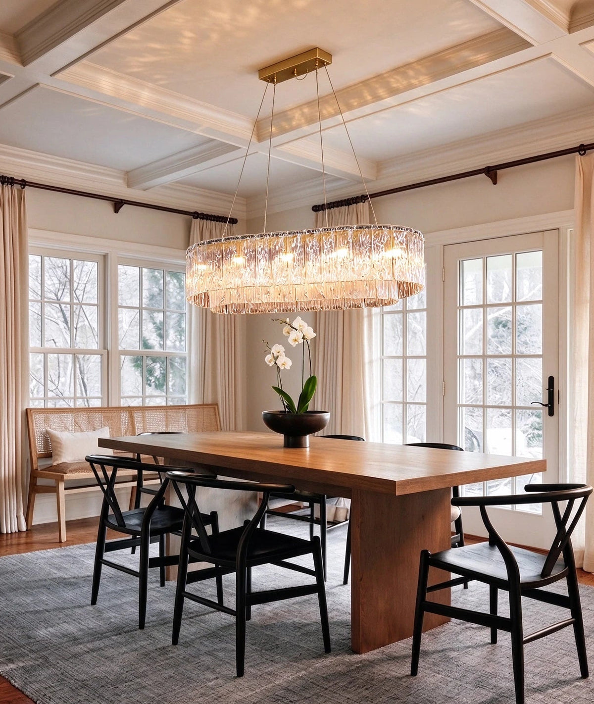Modern Crystal Irregular Disc Art Glass Linear Chandelier in Cozy Dining Space
