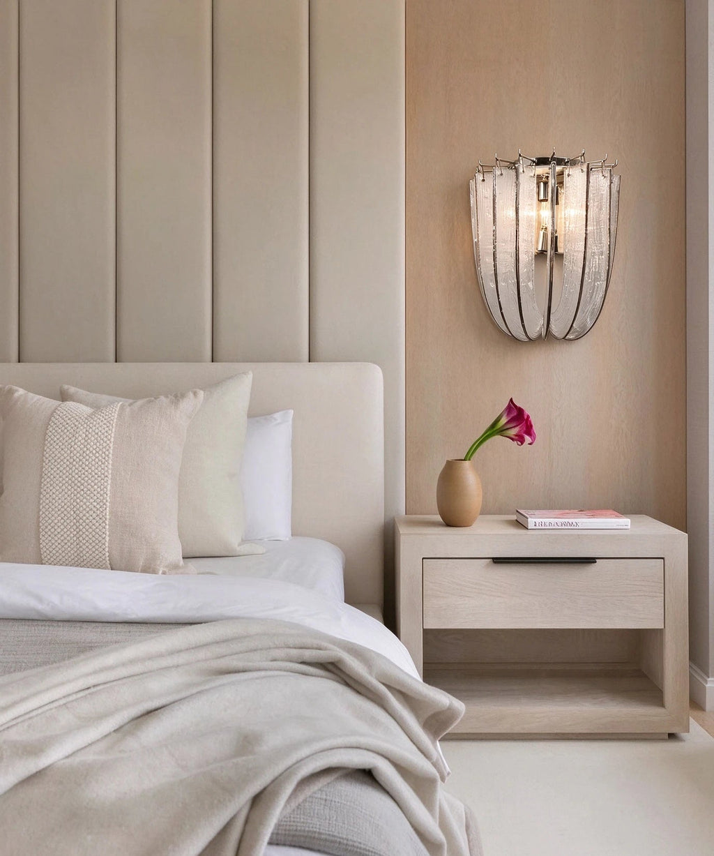 Modern Vertical Crystal Strip Wall Sconce in Elegant Bedroom Interior