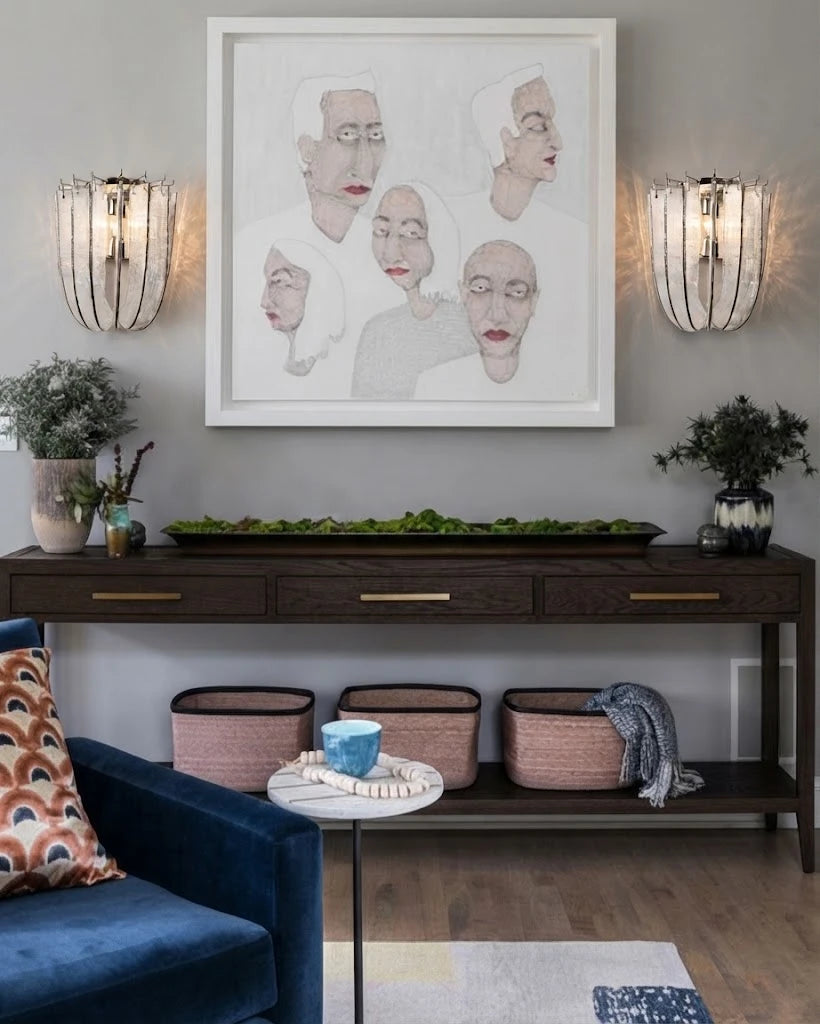 Modern Vertical Crystal Strip Wall Sconces Over Living Room Console