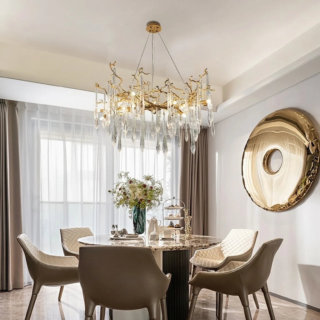 Organic Brass Crystal Chandelier in Modern Dining Room