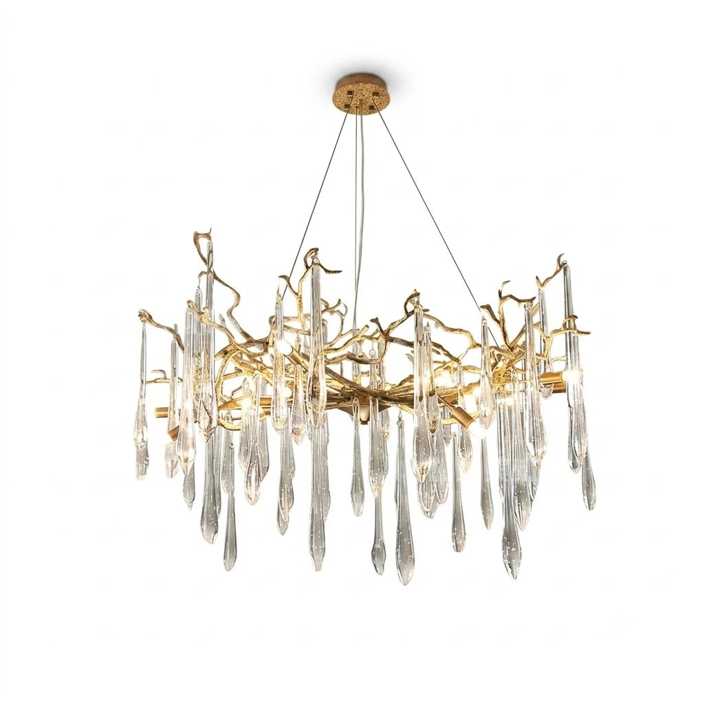 Brass Branch Chandelier with Hanging Crystal Raindrops on White Background