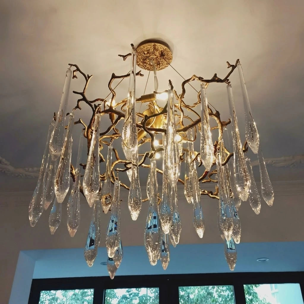 Bottom Up View of Glowing Crystal Raindrop Branch Chandelier