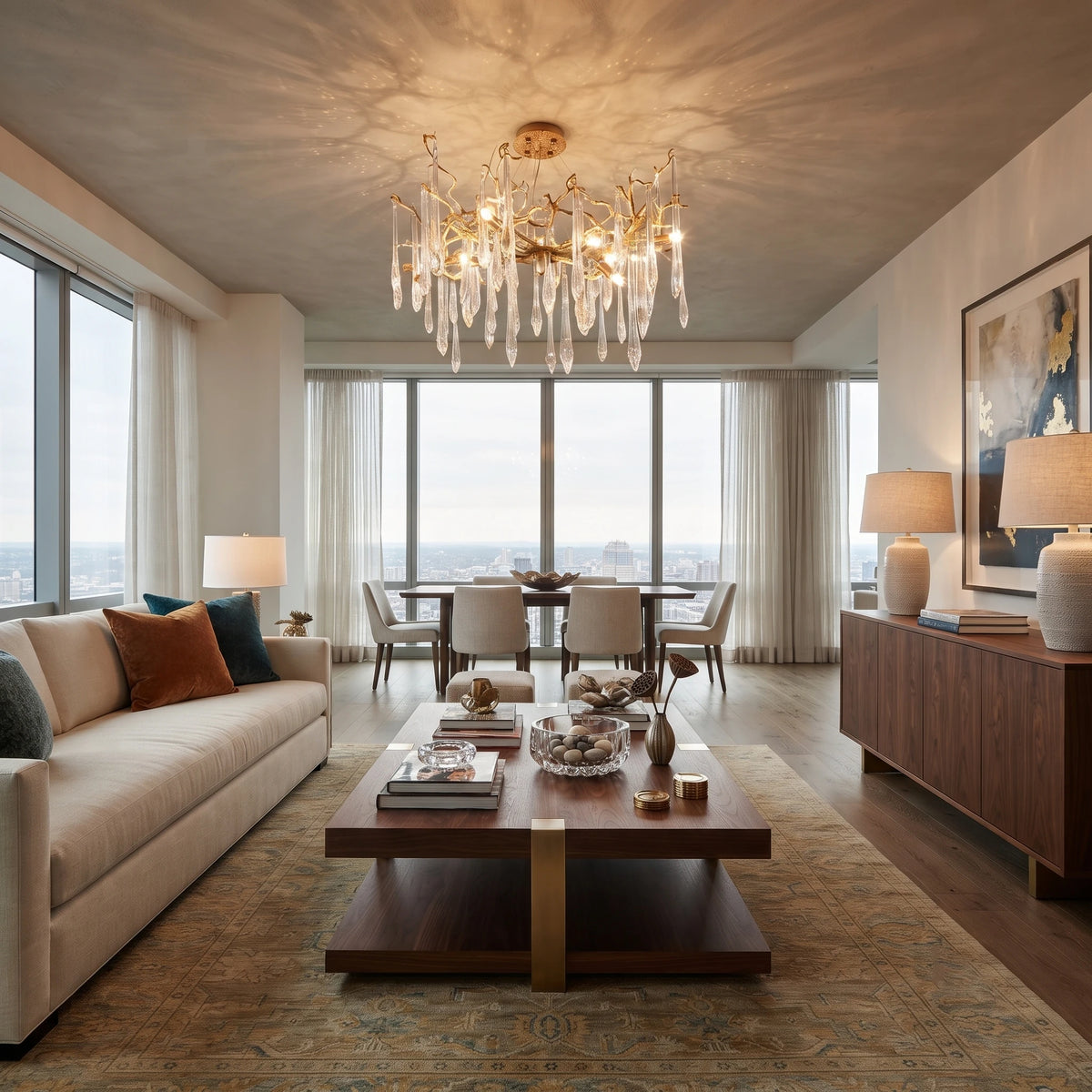 Organic Brass Crystal Chandelier Lighting Modern Living Room