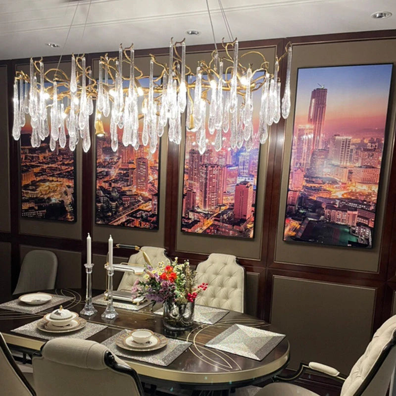 Linear Crystal Raindrop Branch Chandelier over Executive Dining Table