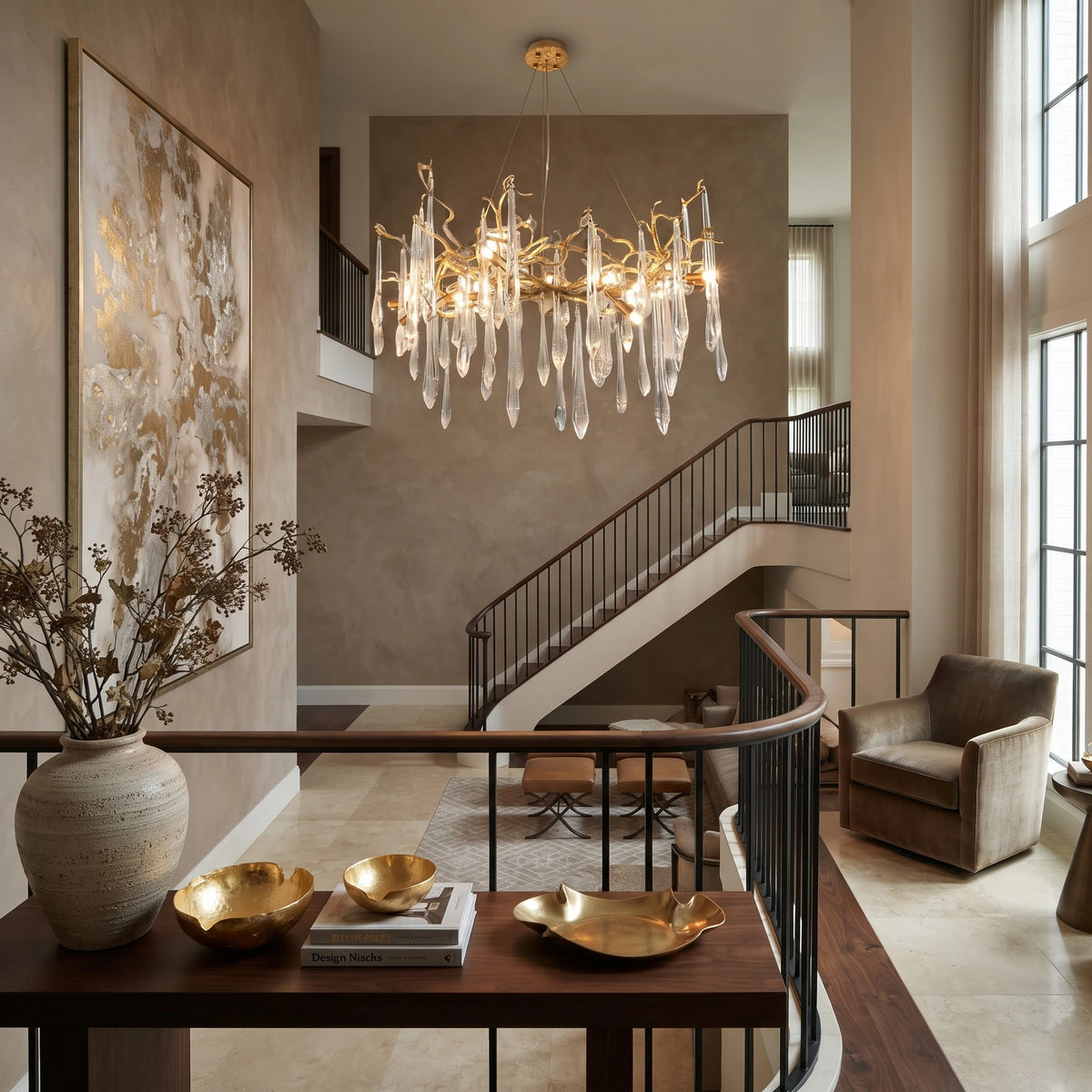 Organic Crystal Chandelier in High Ceiling Villa Entryway