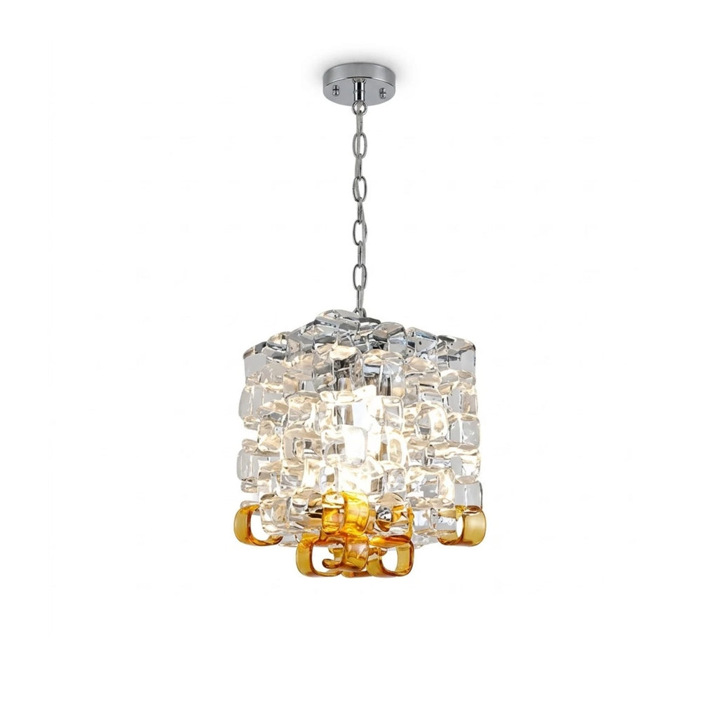 Modern Clear and Amber Art Glass Square Pendant Light with Silver Chain on Pure White Background