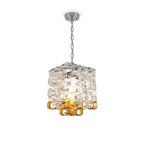 Modern Clear and Amber Art Glass Square Pendant Light with Silver Chain on Pure White Background