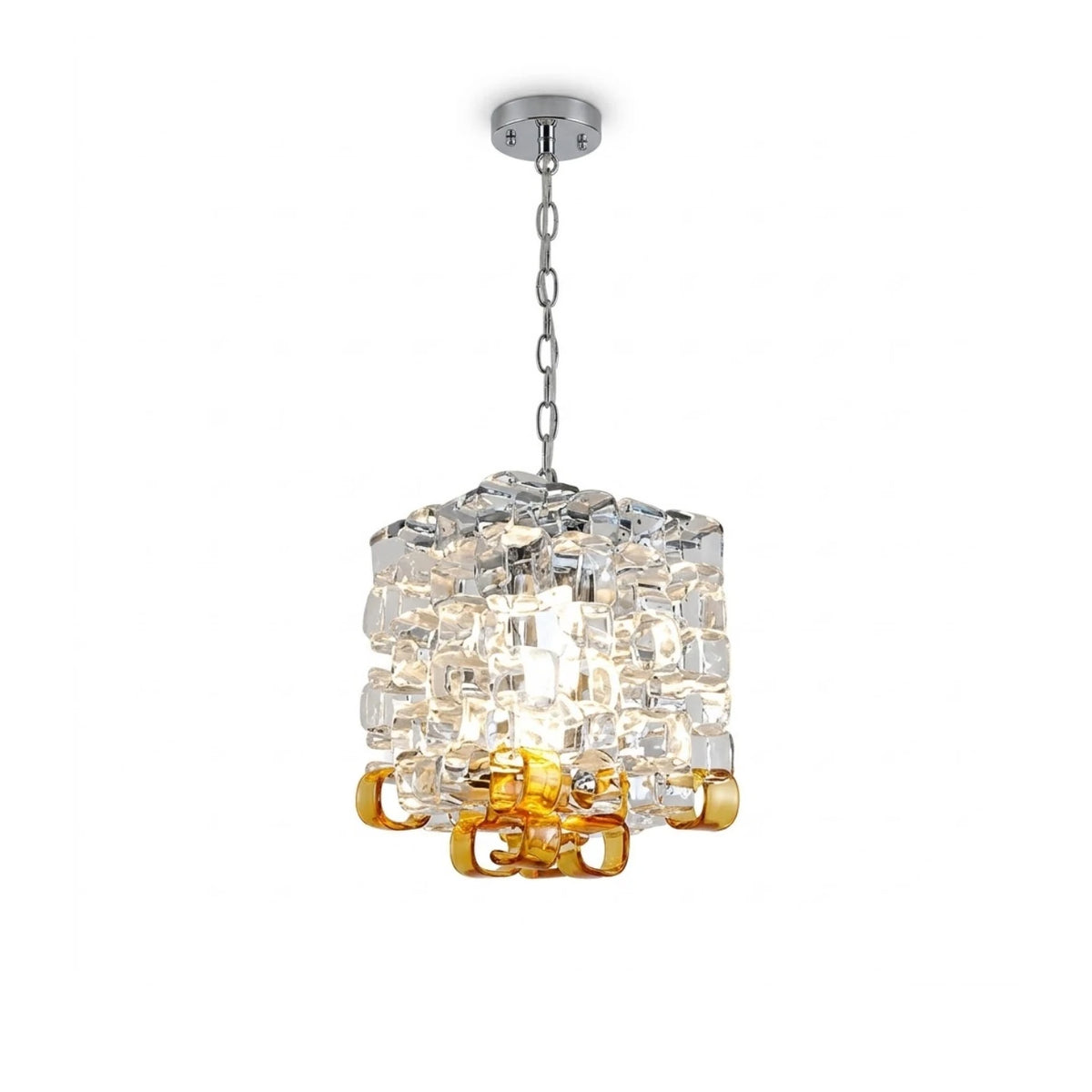 Modern Clear and Amber Art Glass Square Pendant Light with Silver Chain on Pure White Background