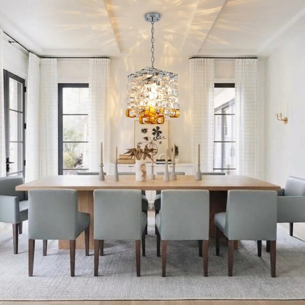 Modern Clear and Amber Art Glass Chandelier Over Dining Room Table