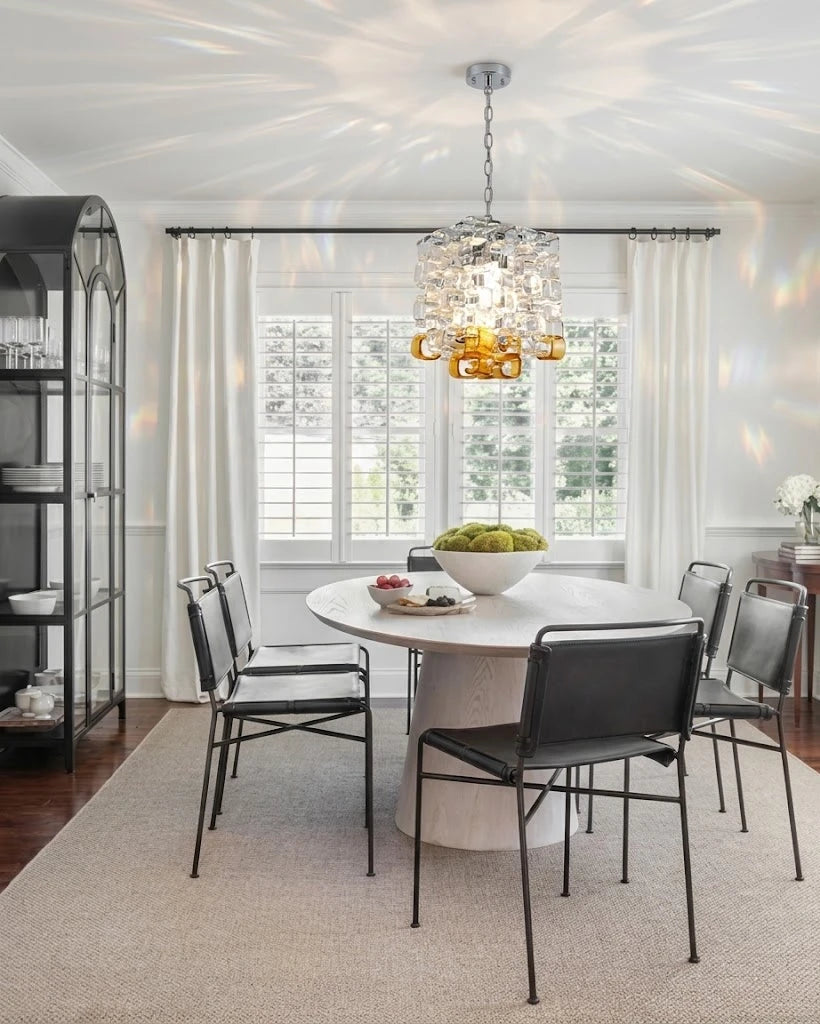Modern Art Glass Square Pendant Light Over Round Dining Table