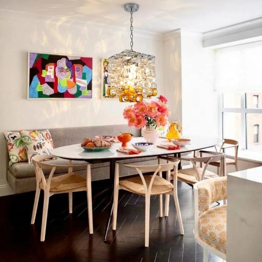 Modern Clear and Amber Art Glass Square Pendant Light Over Dining Table