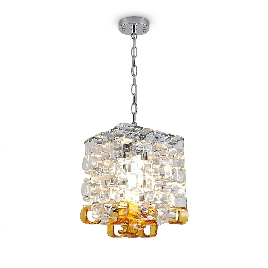 Illuminated Modern Clear and Amber Art Glass Pendant Light Studio Display