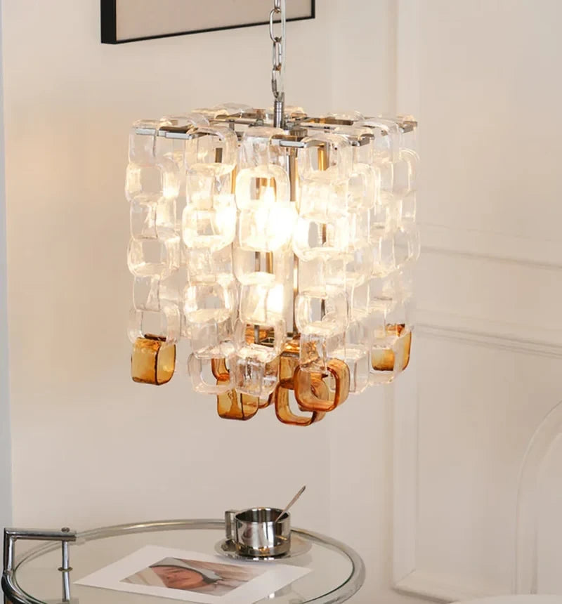Illuminated Modern Art Glass Square Pendant Light in Interior Setting