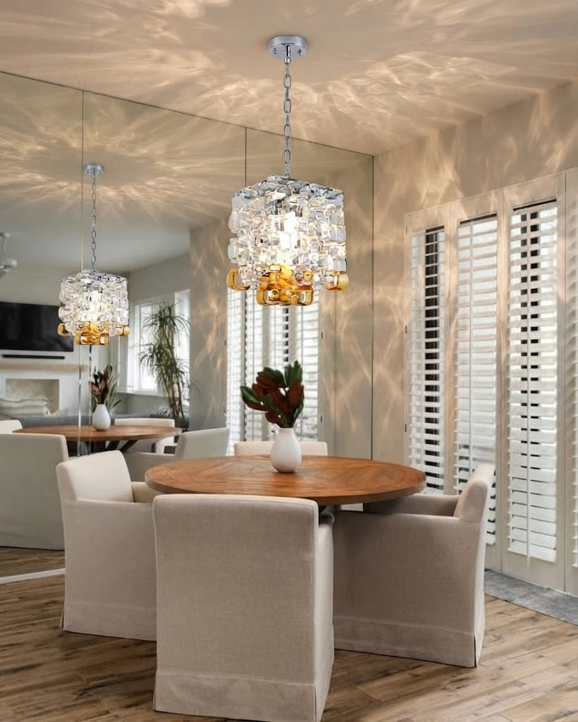 Modern Clear and Amber Art Glass Pendant Light in Luxury Dining Space